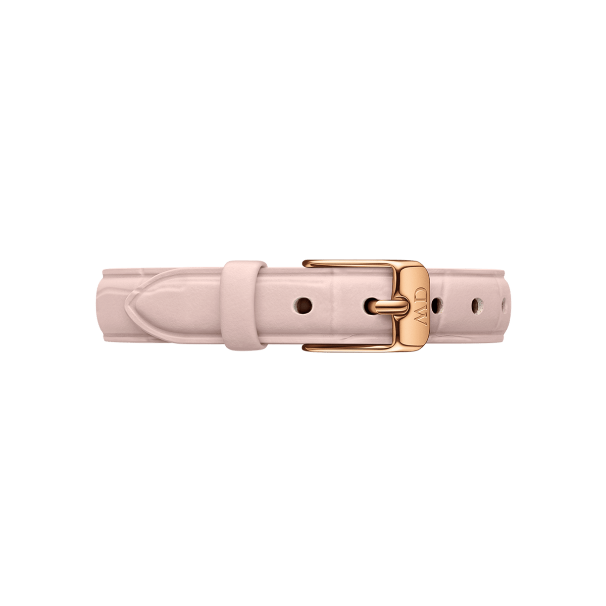 Pressed Rouge Strap Rose Gold 10mm leather watch strap in soft pink with a pressed croc pattern and a rose gold buckle, shown from the front to highlight its elegant design and slim profile.