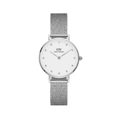 Petite Lumine Pressed Sterling features a 28mm round silver case, eggshell white dial with crystal markers, and an elegant pressed mesh strap, offering a minimalist and refined look for women.
