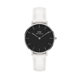 Petite Bondi Black Silver women’s watch with a minimalist black dial, polished silver case, and an adjustable white leather strap, designed for a refined and contemporary look.