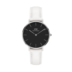 Petite Bondi Black Silver women’s watch with a minimalist black dial, polished silver case, and an adjustable white leather strap, designed for a refined and contemporary look.