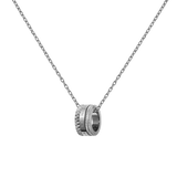 Silver necklace with a geometric ring pendant featuring intricate detailing and a polished finish, suspended on a fine adjustable chain. The modern, sculptural design of the Elevation Necklace Silver adds a distinctive touch to everyday or occasion wear.