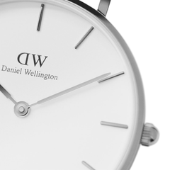 Close-up of the Petite Bondi Silver watch dial featuring minimalist silver hour markers, slim hands, and a polished silver case for a refined, elegant look.