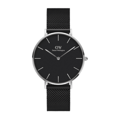 Petite Ashfield Silver features a round black dial with slim silver hour markers and a black stainless steel mesh strap, offering a modern and elegant look for women who prefer a refined accessory.