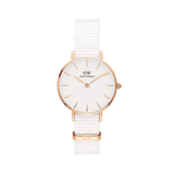 Rose gold ladies watch with a minimalist white dial, slim rose gold markers, and an adjustable white NATO fabric strap, designed for a modern and elegant look.