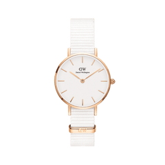 Rose gold ladies watch with a minimalist white dial, slim rose gold markers, and an adjustable white NATO fabric strap, designed for a modern and elegant look.