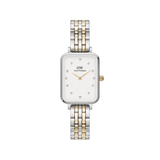 Quadro Lumine 5-link two-tone ladies watch with a rectangular eggshell white dial, crystal hour markers, and a silver and gold stainless steel bracelet.