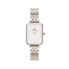 Quadro Lumine 5-link two-tone ladies watch with a rectangular eggshell white dial, crystal hour markers, and a silver and gold stainless steel bracelet.