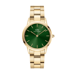 Gold bracelet watch with a polished finish and a bold emerald green dial, featuring minimalist hour markers and a classic round face, suitable for everyday wear or special occasions.