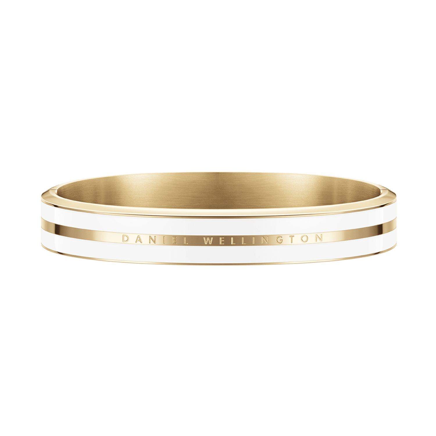 Refined Emalie Infinite Gold Satin White bracelet with a gold-tone stainless steel base, satin white enamel detail, and discreet Daniel Wellington branding, ideal for those who appreciate classic and versatile jewellery.