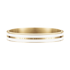 Refined Emalie Infinite Gold Satin White bracelet with a gold-tone stainless steel base, satin white enamel detail, and discreet Daniel Wellington branding, ideal for those who appreciate classic and versatile jewellery.