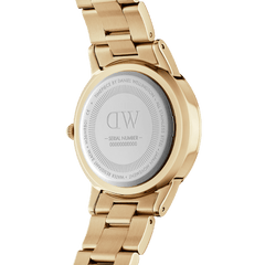 Back view of the Iconic Link Emerald Gold watch showing the engraved stainless steel case back, gold-plated bracelet, and secure link construction.