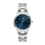 Daniel Wellington Iconic Link Arctic Silver watch featuring a polished stainless steel link bracelet and a deep blue sunray dial with minimalist silver markers.