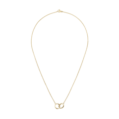 Elan Unity Necklace Gold with two interlocked rings on a fine gold chain, featuring a minimalist pendant and a secure clasp for comfortable everyday wear.