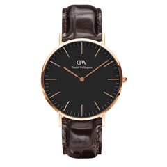 Classic York Black Rose Gold men’s watch with a minimalist black dial, rose gold case and markers, and a dark brown croc-embossed genuine leather strap.