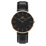 Classic Sheffield Black Rose Gold men’s watch featuring a black round dial, rose gold stainless steel case, minimalist hour markers, and a smooth black leather strap.