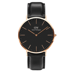 Classic Sheffield Black Rose Gold men’s watch featuring a black round dial, rose gold stainless steel case, minimalist hour markers, and a smooth black leather strap.