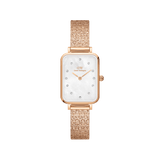 Quadro Lumine Pressed Piano White MoP Rose Gold ladies watch with a rectangular mother of pearl dial, crystal hour markers, and a textured rose gold piano link bracelet.