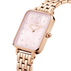 Close-up of the Quadro Lumine 5 Link Melrose Pink MoP Rose Gold ladies watch, showing the rectangular pink mother of pearl dial with crystal hour markers and a polished rose gold five-link bracelet.