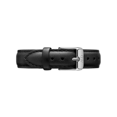 Black genuine leather strap for the Petite Sheffield Silver watch, featuring detailed stitching and a polished silver buckle for adjustable comfort and secure fit.