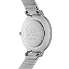 Back view of the Petite Lumine Pressed Piano White MoP Silver ladies watch, showing the engraved stainless steel case and the adjustable silver pressed Studio Strap.