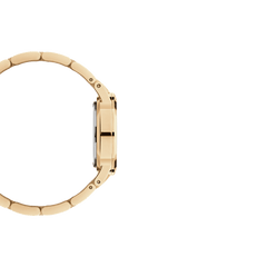 Side profile of the Daniel Wellington Iconic Link Unitone G gold watch, highlighting its slim 28mm case and polished gold stainless steel bracelet.