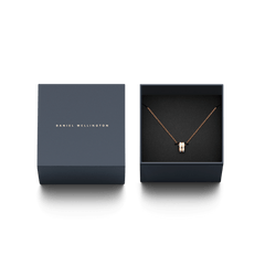 Emalie Necklace Rose Gold Satin White displayed in an elegant Daniel Wellington gift box, featuring a rose gold chain and a satin white enamel pendant, perfect for gifting or adding a refined touch to your jewellery collection.