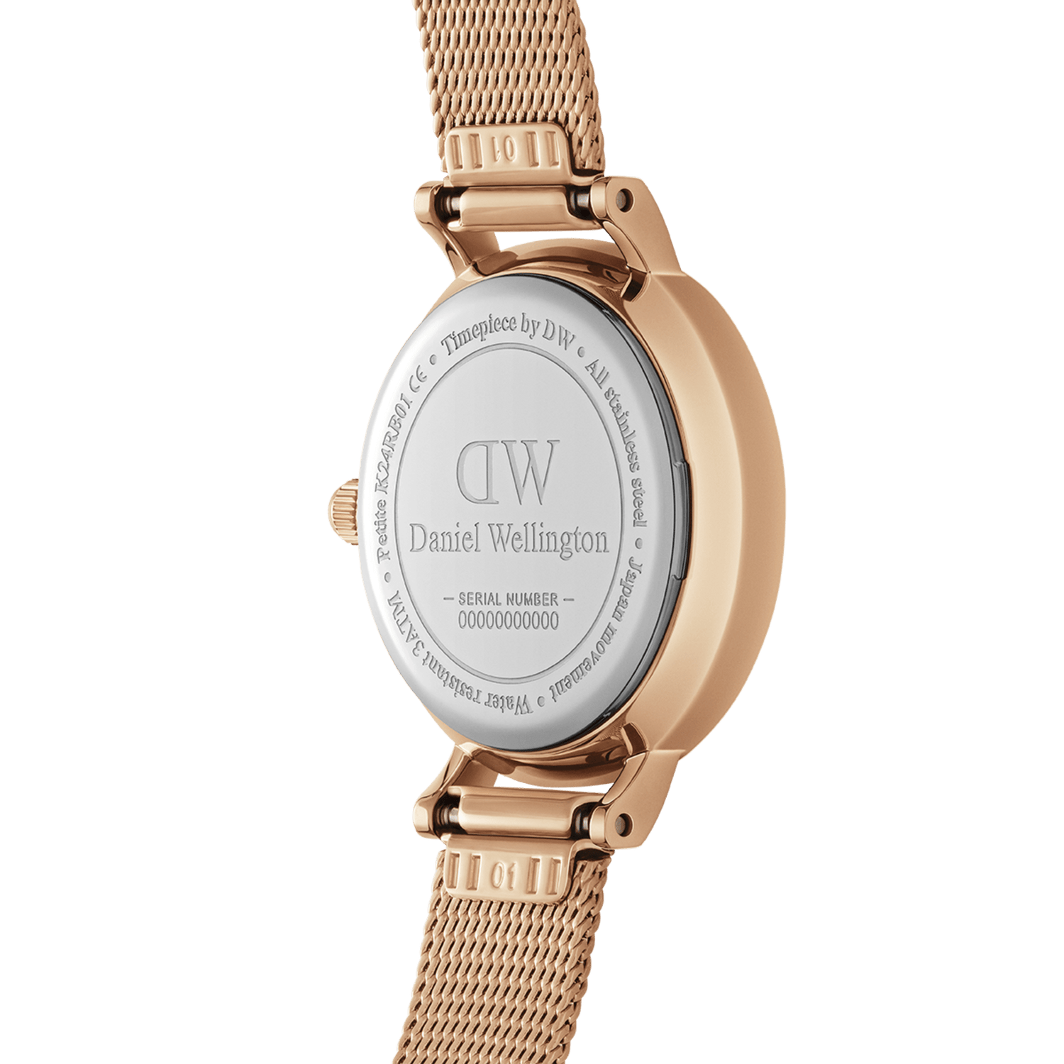 Back view of the Petite Pressed Melrose Rose Gold watch showing the engraved stainless steel case and rose gold mesh strap, highlighting its durable build and adjustable bracelet design.