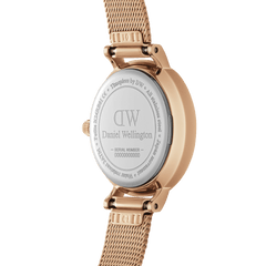Back view of the Petite Pressed Melrose Rose Gold watch showing the engraved stainless steel case and rose gold mesh strap, highlighting its durable build and adjustable bracelet design.