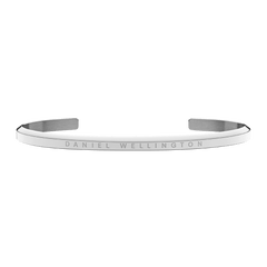 Classic Bracelet Silver by Daniel Wellington featuring a minimalist open cuff design in polished stainless steel, with the brand name engraved on the front.