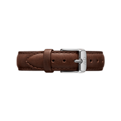 Brown leather Bristol Strap Silver watch strap with neat stitching and a polished silver buckle, shown in a flat lay to highlight its classic design and durable material.