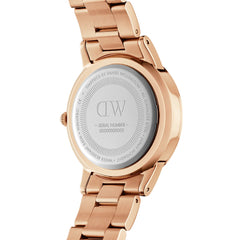 Daniel Wellington Iconic Link Amber watch showing the engraved stainless steel case back, rose gold bracelet, and secure clasp, highlighting quality craftsmanship and attention to detail.
