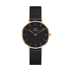 Petite Ashfield Rose Gold ladies watch with a slim rose gold case, minimalist black dial, and adjustable black mesh strap, designed for everyday comfort and modern elegance.