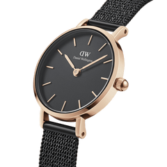 Petite Pressed Ashfield ladies watch featuring a rose gold case, minimalist black dial, and slim black mesh strap, ideal for small wrists and everyday elegance.