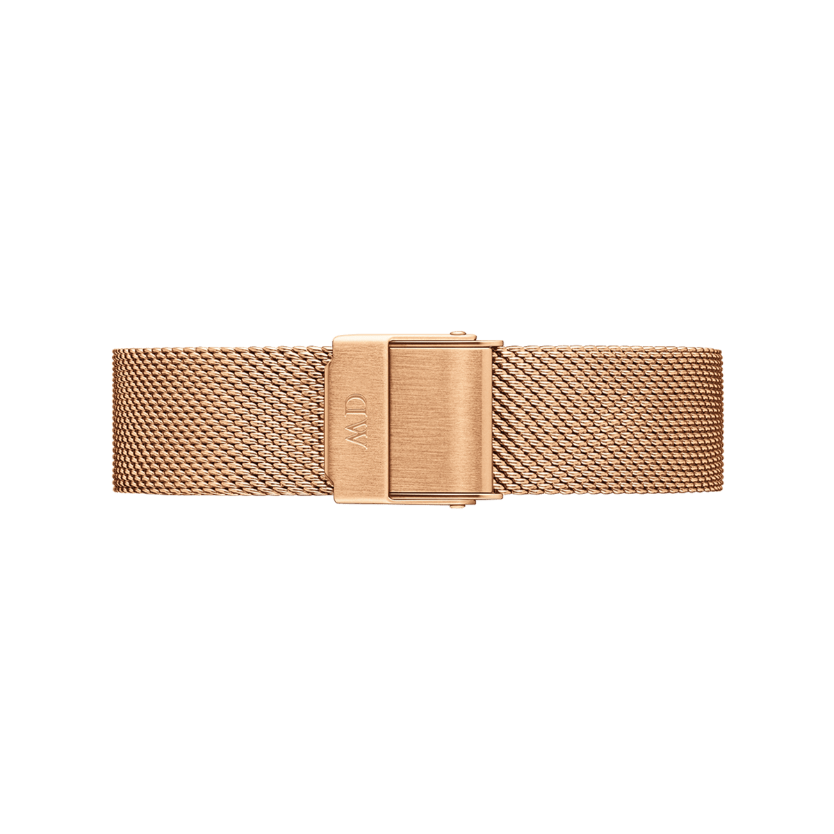 Rose gold mesh watch strap with a fine woven pattern, featuring a matching fold-over clasp for a seamless and modern finish.