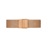 Rose gold mesh watch strap with a fine woven pattern, featuring a matching fold-over clasp for a seamless and modern finish.