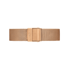 Rose gold mesh watch strap with a fine woven pattern, featuring a matching fold-over clasp for a seamless and modern finish.