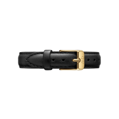 Black genuine leather watch strap with a gold buckle, designed for the Petite Sheffield Gold, featuring fine stitching and adjustable holes for a comfortable and secure fit.