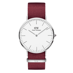 Classic Roselyn Silver watch with a minimalist silver case, eggshell white dial, slim silver hour markers, and a ruby red NATO strap, designed for everyday comfort and versatile style.