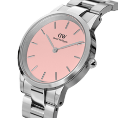 Close-up of the Iconic Link Blush Silver ladies watch, showcasing its polished stainless steel bracelet and pastel pink dial with minimalist silver hour markers, perfect for a refined everyday look.