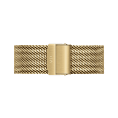 Gold stainless steel mesh strap with a secure adjustable clasp, designed for the Classic Mesh Onyx Gold watch, offering a comfortable and modern fit.