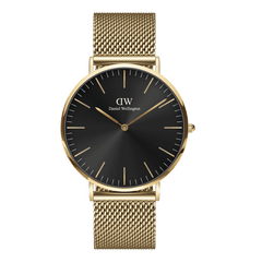 Classic Mesh Onyx Gold watch with a black sunray dial, minimalist gold hour markers, and a gold stainless steel mesh strap, showcasing a refined and contemporary design suitable for both formal and casual wear.