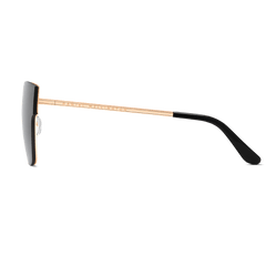 Steel Grande Rose Gold sunglasses with a slim rose gold plated stainless steel arm, black acetate temple tip, and oversized black lens, showcasing the elegant modern classic design.