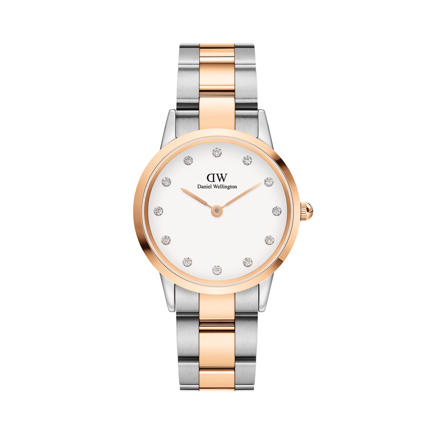 Ladies two-tone Daniel Wellington Iconic Link Lumine Rose Gold watch with a round eggshell white dial, crystal hour markers, and a polished stainless steel bracelet featuring rose gold accents.
