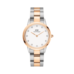 Ladies two-tone Daniel Wellington Iconic Link Lumine Rose Gold watch with a round eggshell white dial, crystal hour markers, and a polished stainless steel bracelet featuring rose gold accents.