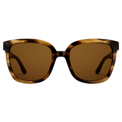 Grande Bio-Acetate Brown Demi sunglasses with an oversized square frame in a brown demi pattern and amber lenses, offering a stylish and comfortable fit for women.