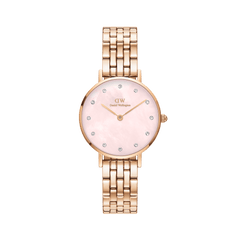 Rose gold ladies watch with a five-link bracelet, featuring a pink mother of pearl dial and crystal hour markers, designed for everyday comfort and a refined look.