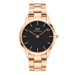 Daniel Wellington Iconic Link Black Rose Gold wristwatch with a sleek black dial, minimalist rose gold hour markers, and a polished rose gold stainless steel bracelet strap.