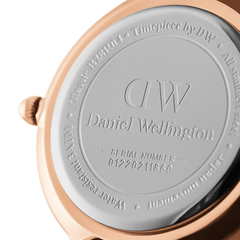 Back view of the Petite Suffolk Rose Gold ladies watch showing the engraved stainless steel case, rose gold finish, and water resistance details.