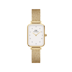 Quadro Lumine Pressed Evergold gold watch for women featuring a rectangular case, luminous white dial with crystal indexes, and an adjustable gold mesh strap.