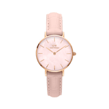 Petite Rouge Pink MoP Rose Gold ladies watch featuring a shimmering pink mother of pearl dial, rose gold case, minimalist markers, and a soft pink croc-pattern genuine leather strap.